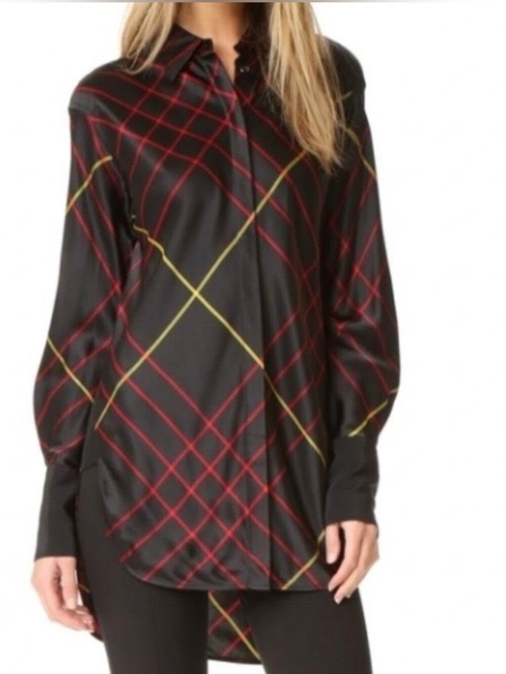 rag & bone Edith Silk Longline Button Down Blouse Long Sleeve Plaid Black Red S